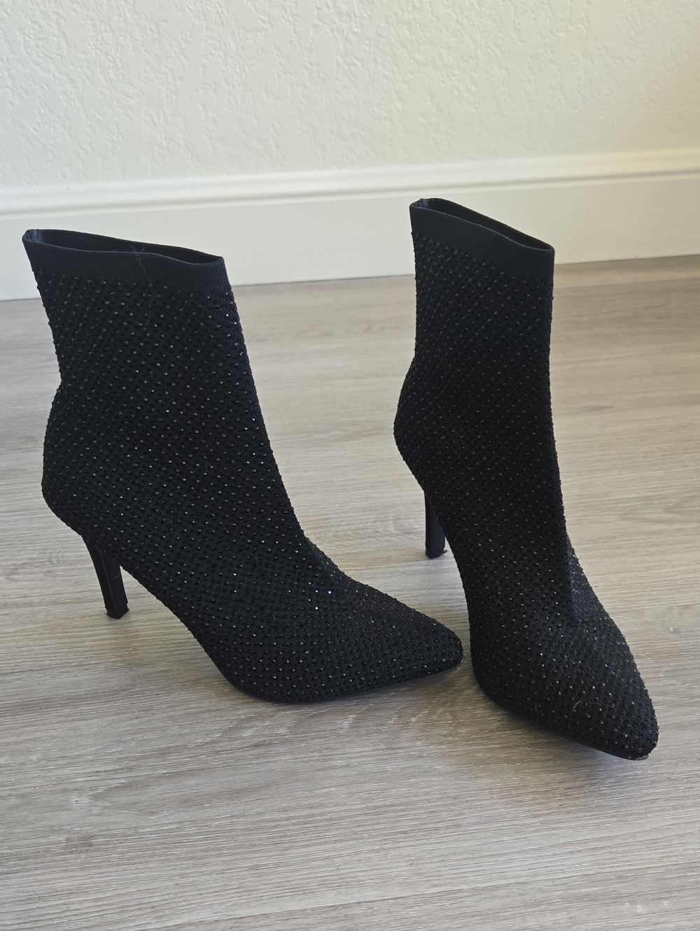 Black Rhinestone Knit Sock Booties - Women's Heeled Ankle Boots